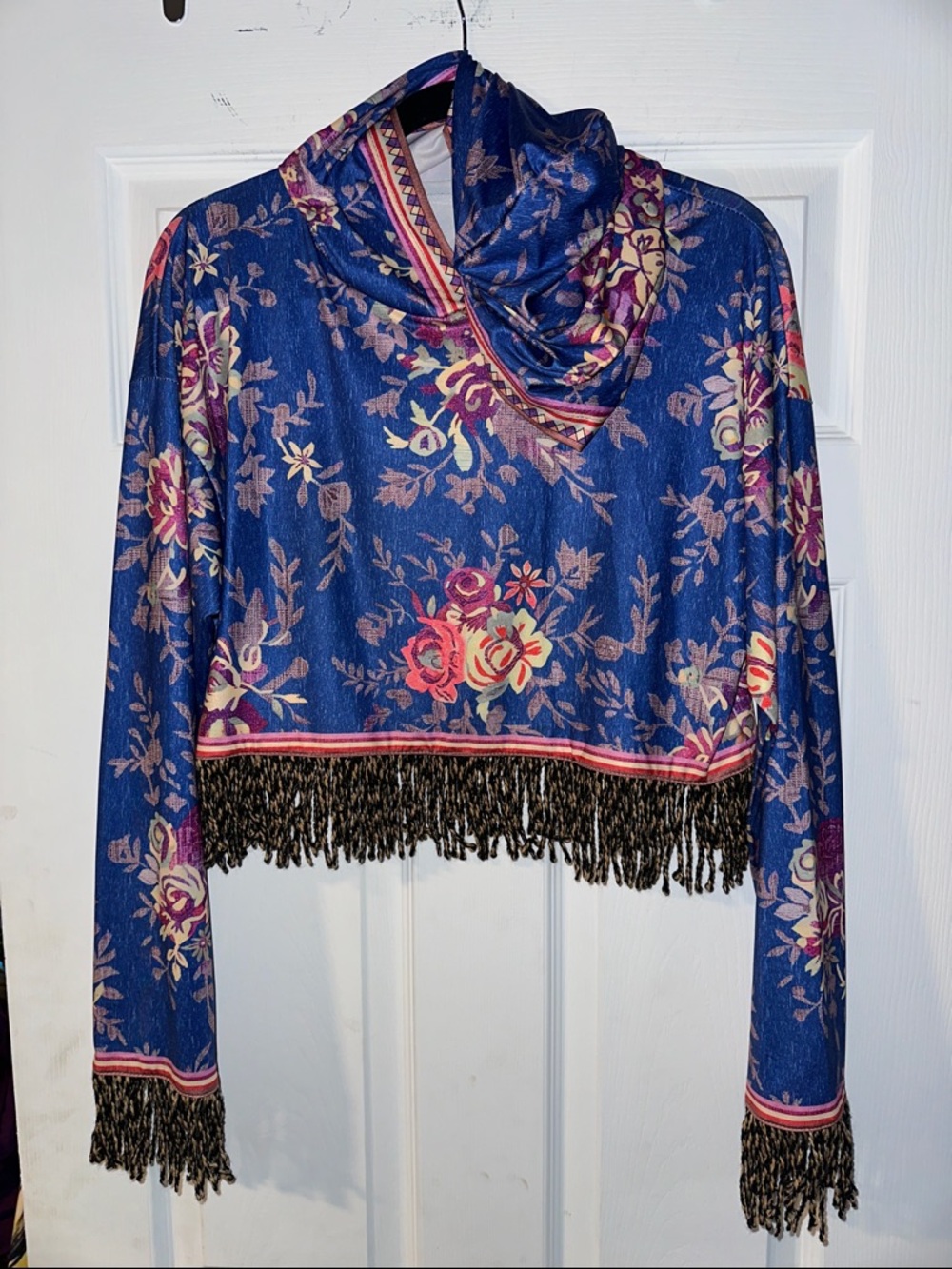 Floral Cropped Fringe Hoodie - Blue with Pink & Cream Flowers